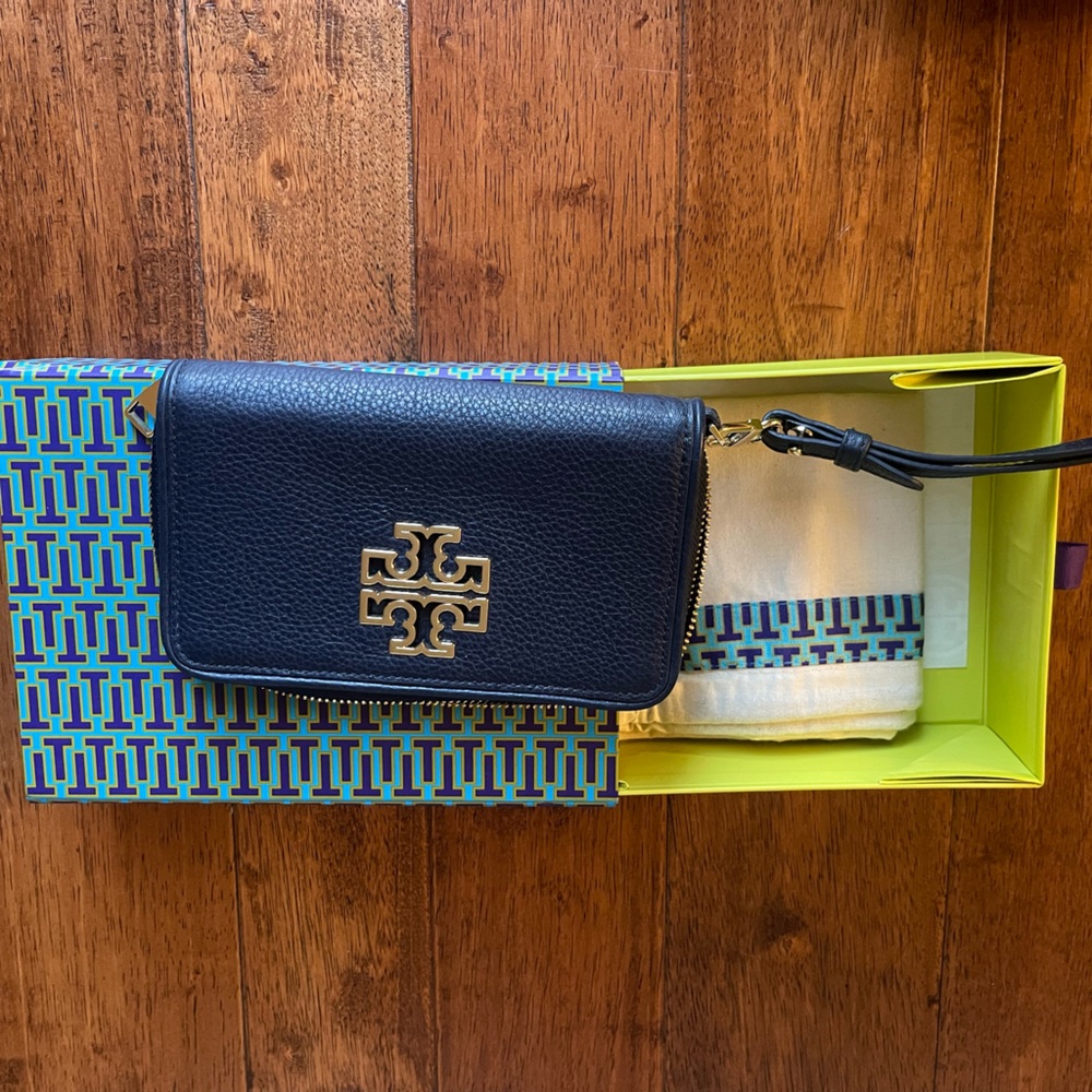 Tory Burch Black Leather Wristlet Clutch with Gold Logo
